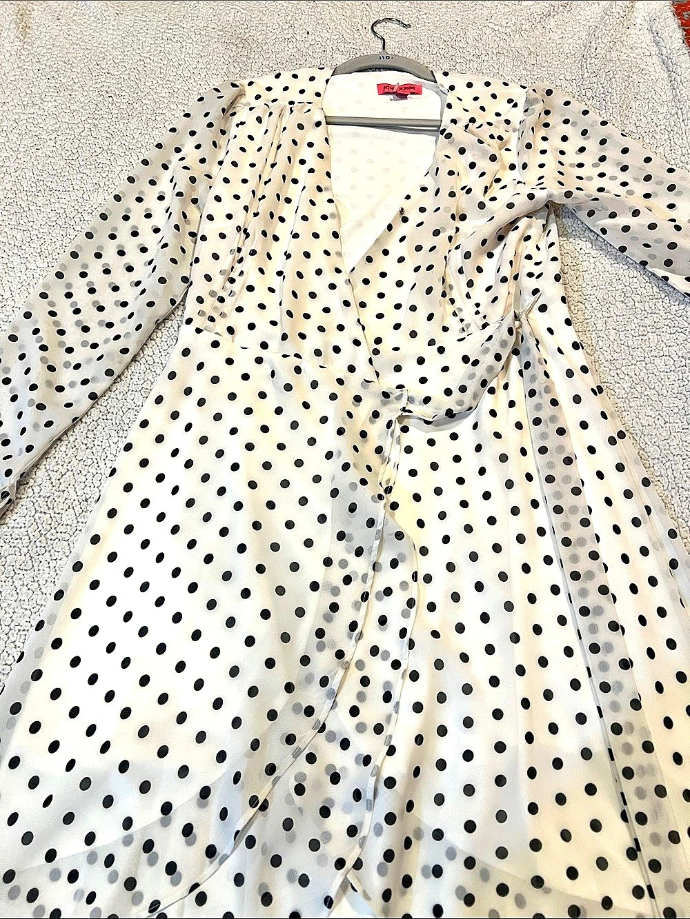 Jeffrey Johnson Polka Dot Wrap Midi Dress in White & Black Like New